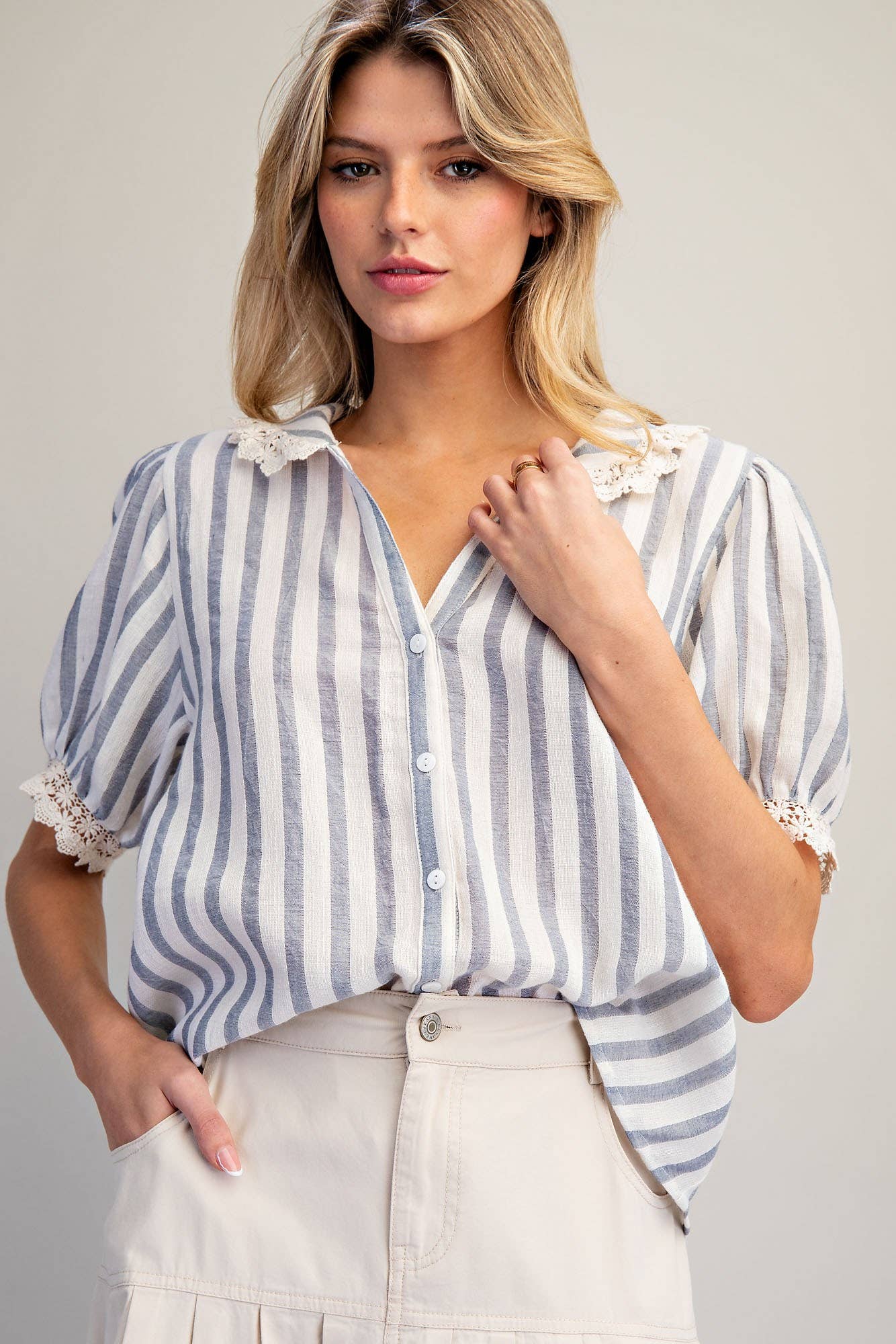 LACE TRIMMED STRIPED BUTTON DOWN SHIRT