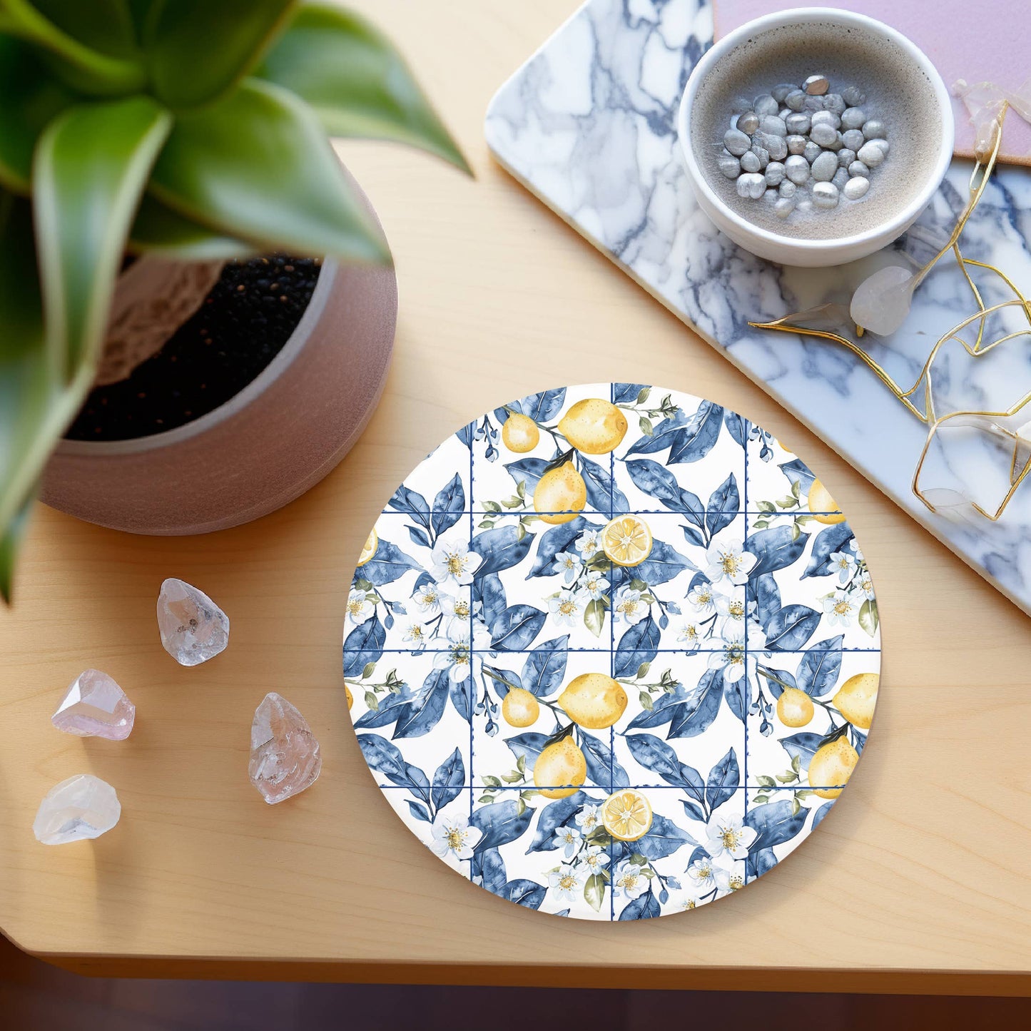 Mediterranean Lemon Coasters | Coastal Blue & Yellow Accents
