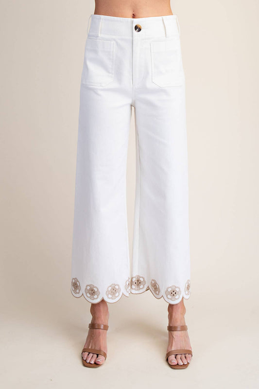 Embroidered Scallop Leg Pants