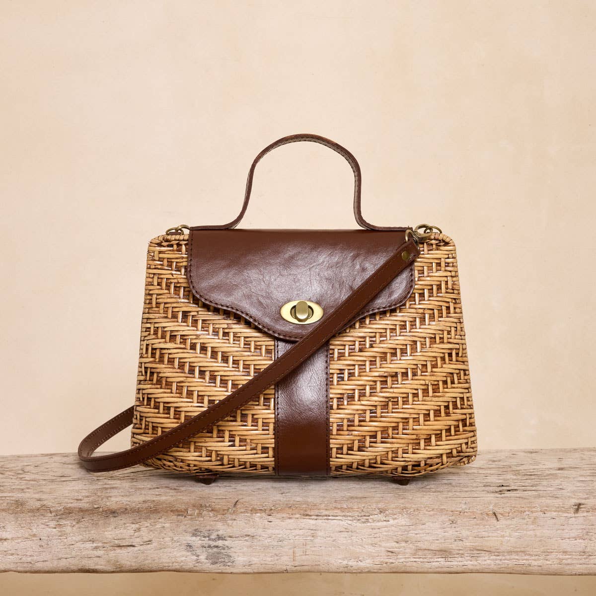 Dark Brown Leather Strap Rattan Handbag Crossbody