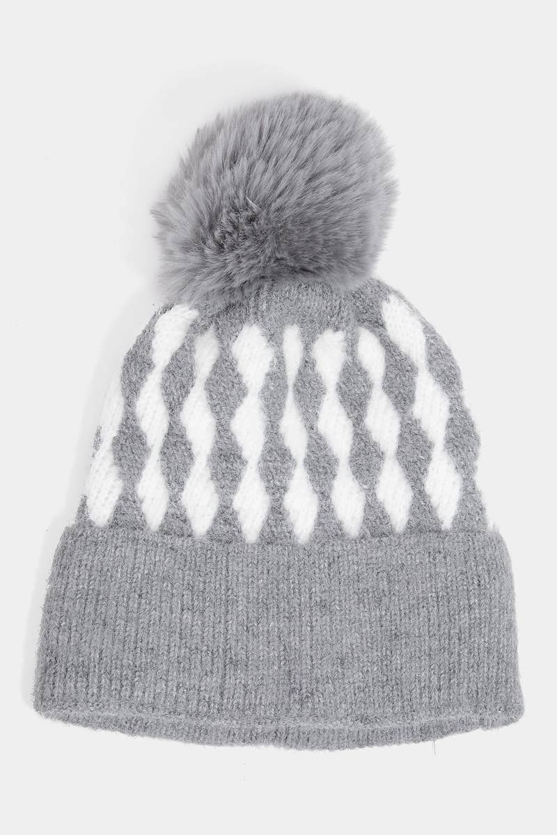 Abstract Diamond Stripe Knit Pom Pom Beanie