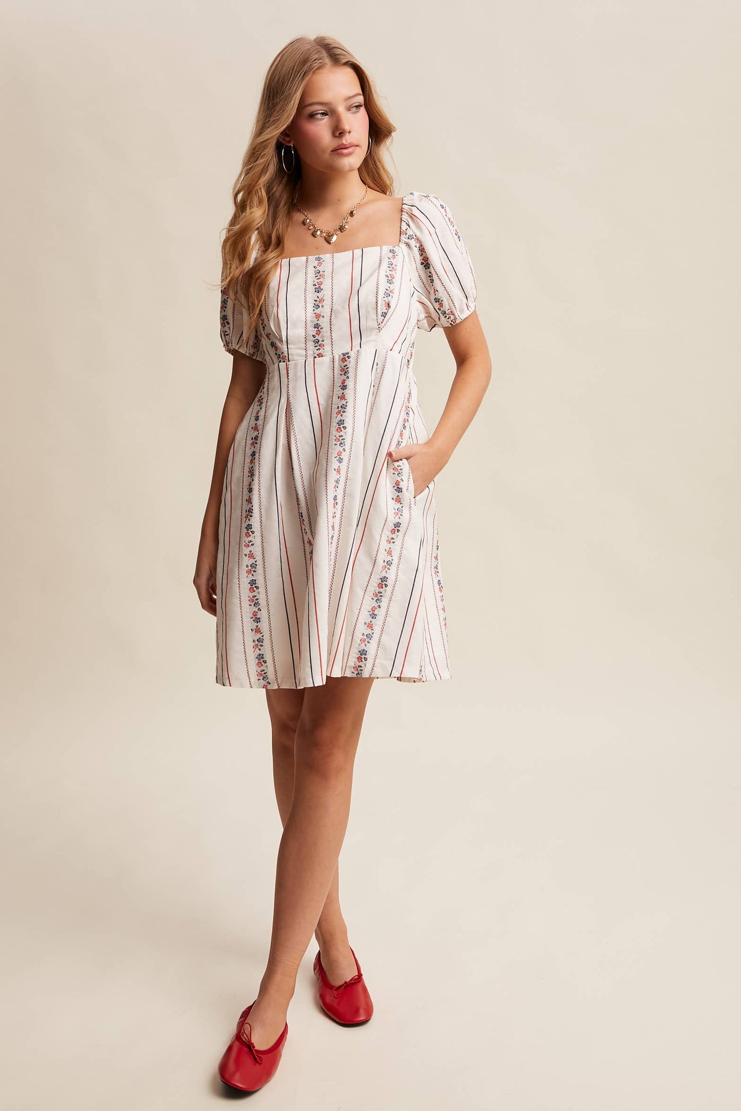 Floral Stripe Puff Sleeve Dress