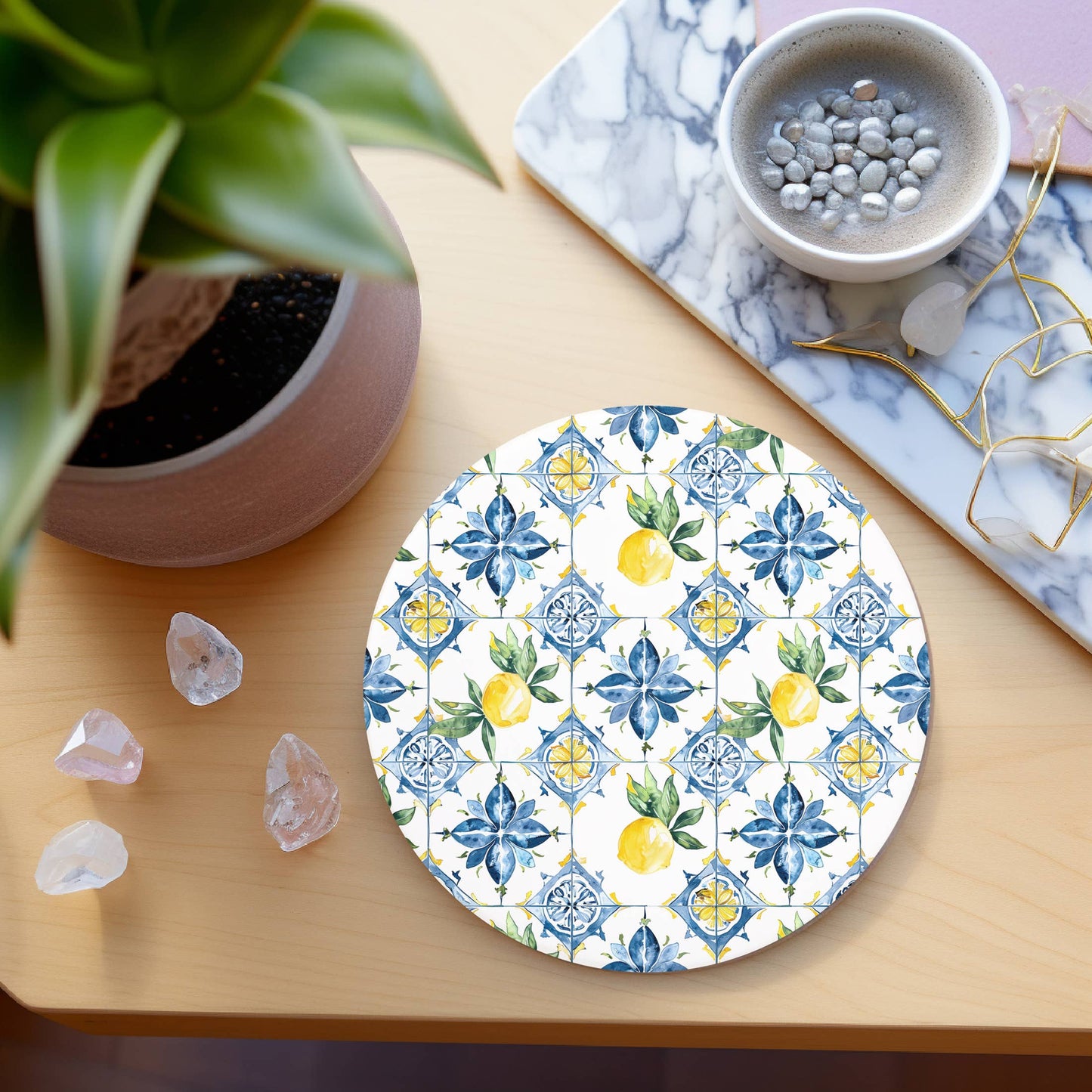 Mediterranean Lemon Coasters | Coastal Blue & Yellow Accents