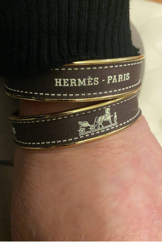 Hermes Brown Ribbon Up-Cycled 18K Gold Plated Cuff