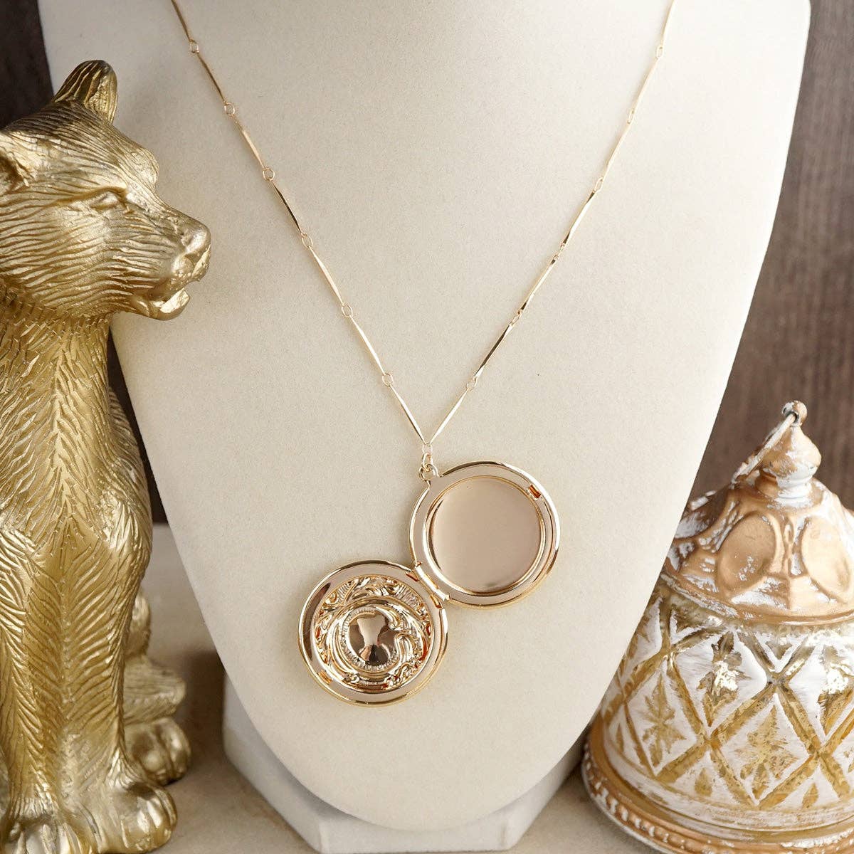 Vintage Inspired Locket Necklace - Long Gold Pendant Necklace