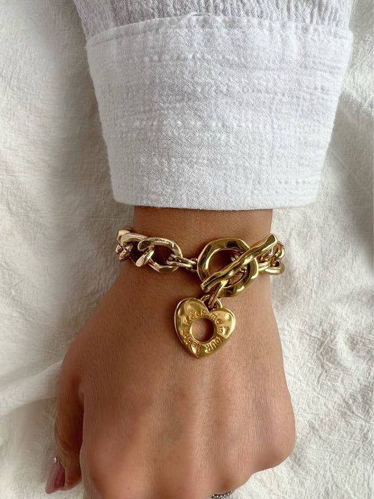 Gold Chunky Chain Bracelet Heart Charm