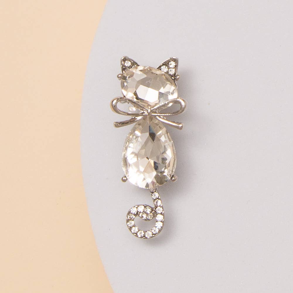 Cat Brooch Pin with Faceted Crystals and Bow Detail