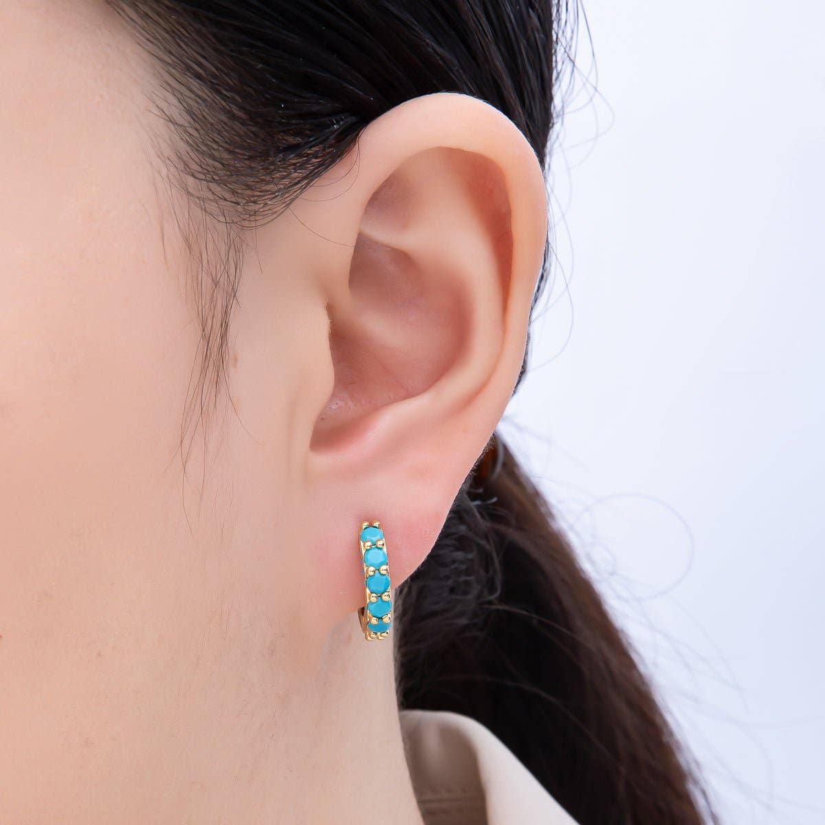Turquoise Micro Paved Round Huggie Earrings