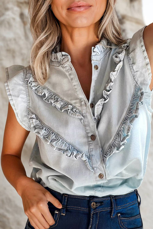 Lgiht Blue Cap Sleeve Frilled Button Up Denim Shirt | S-XL