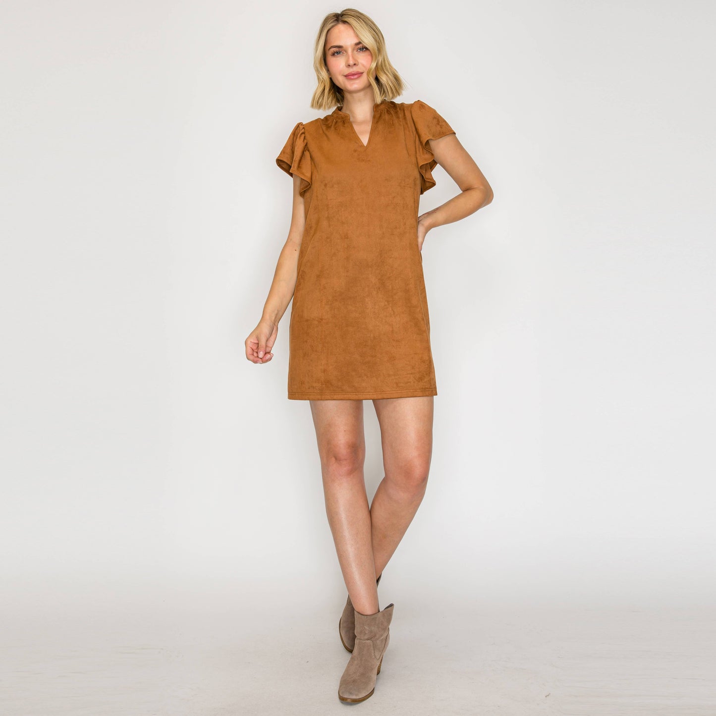 Suede Flutter Sleeve Shift Mini Dress