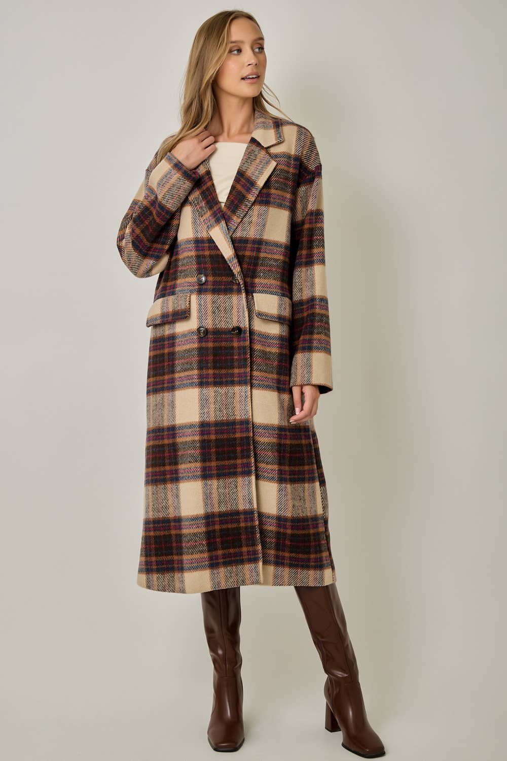 Multi Plaid Wool Blend Long Coat