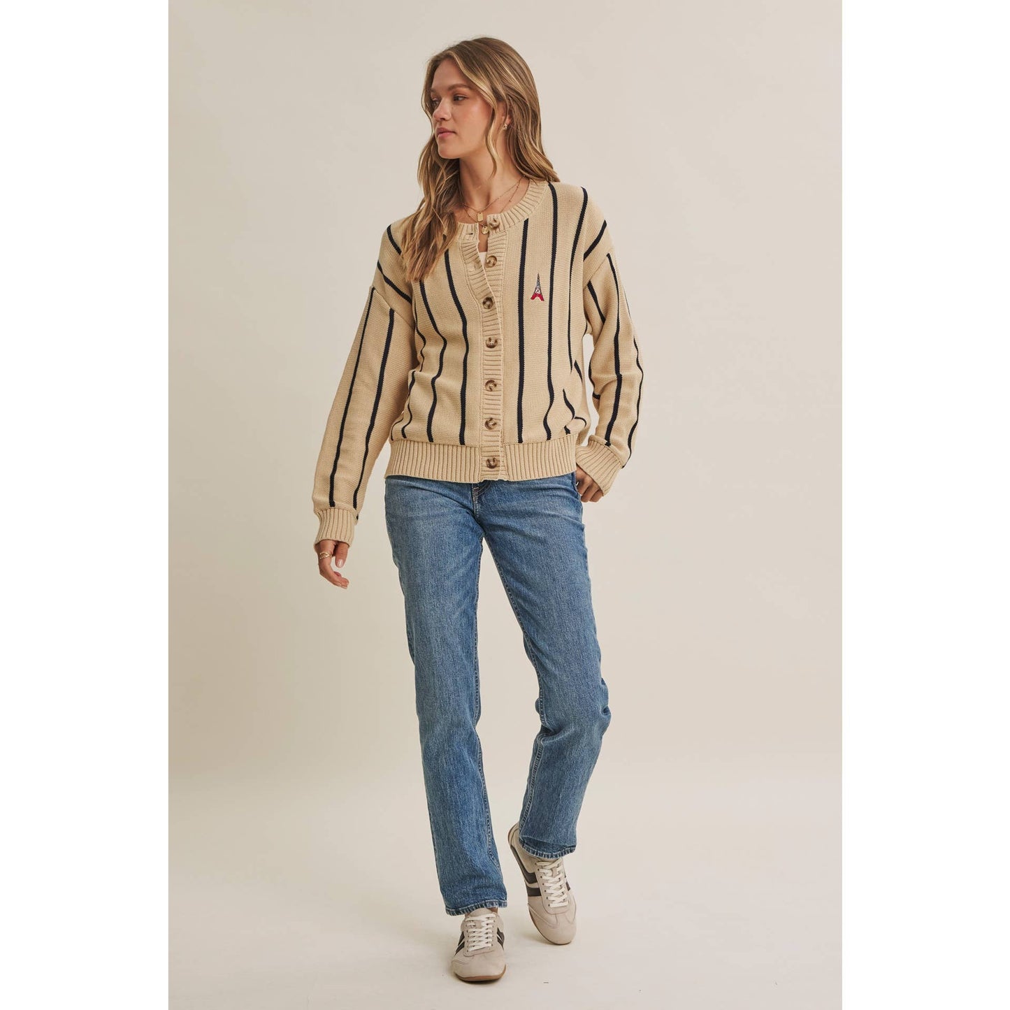 CITY POSTCARD EMBROIDERED STRIPE BUTTON-DOWN CARDIGAN