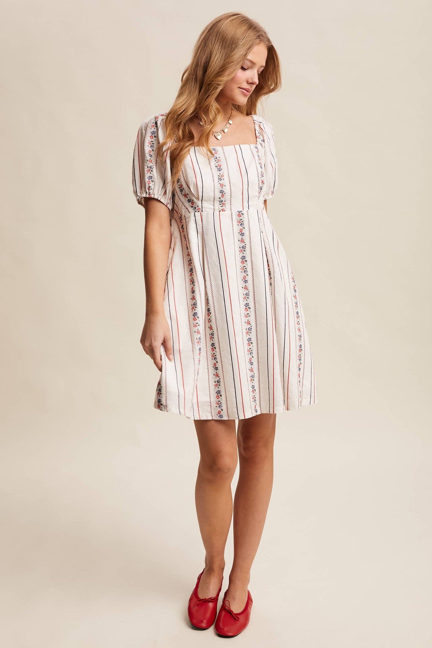 Floral Stripe Puff Sleeve Dress