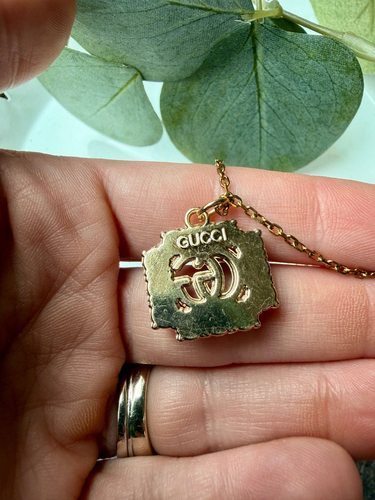 Upcycled Gucci Square Pearl Border Pendant Necklace