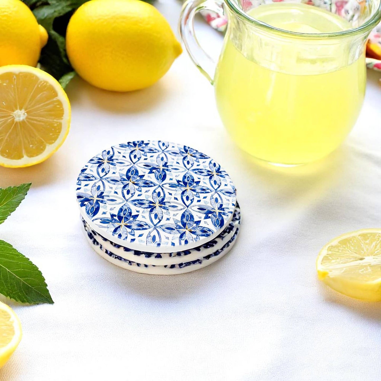 Mediterranean Lemon Coasters | Coastal Blue & Yellow Accents