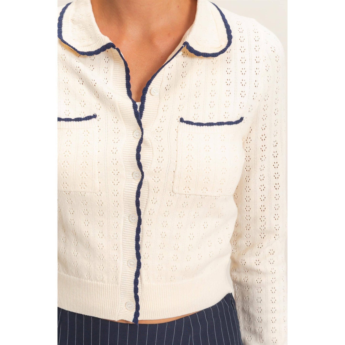 Collared Pointelle Knit Cardigan