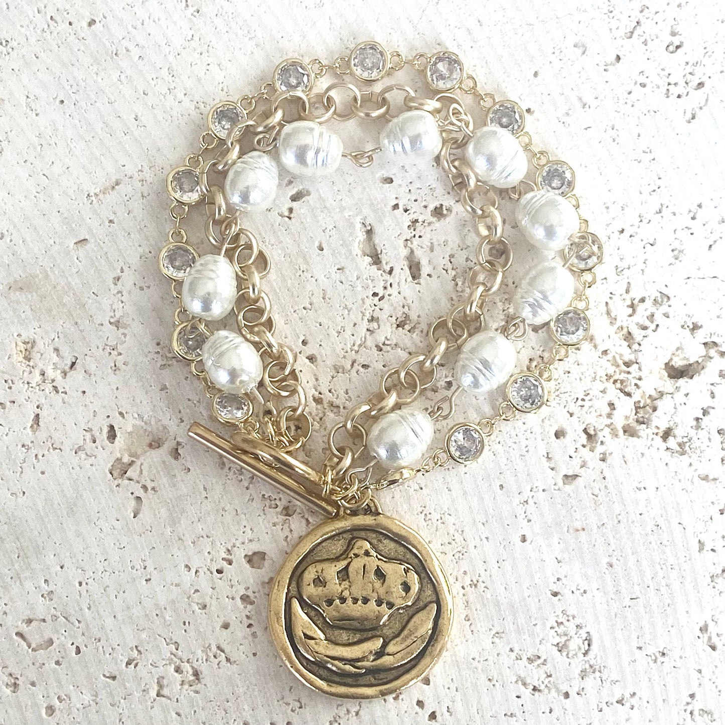 Bee and Crown Coin Triple Layer Bracelet - Gold