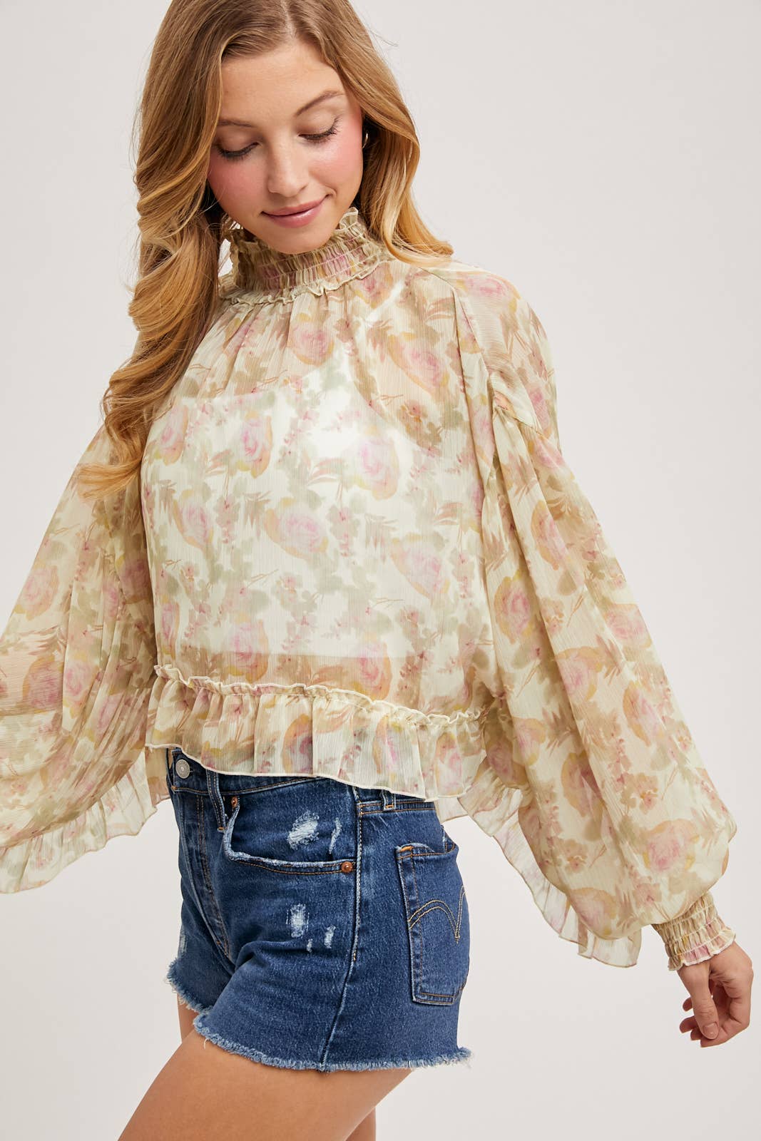 FLORAL PRINT RUFFLED MOCK NECK CHIFFON TOP