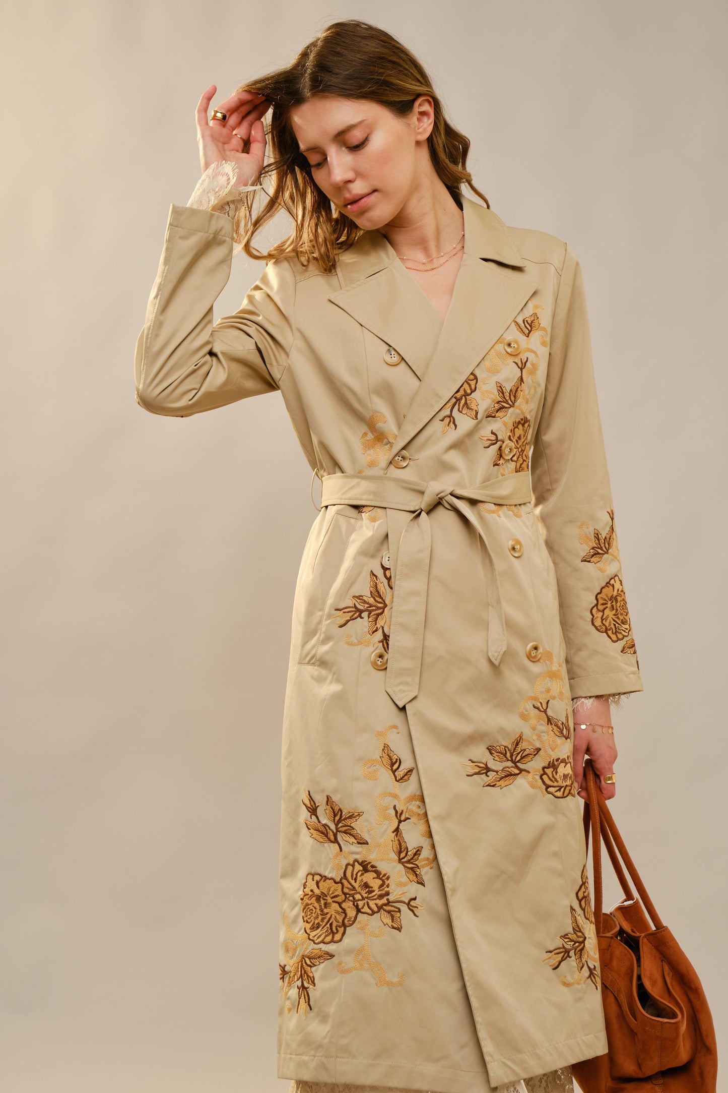 Floral Embroidered Double Breasted Belted Trench Coat
