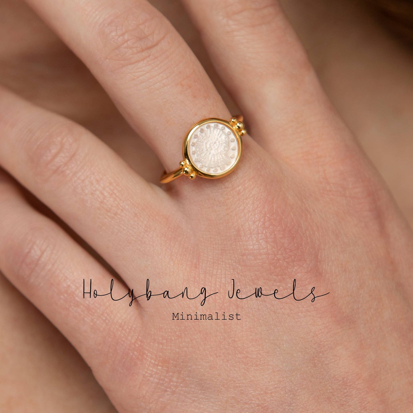 MOTHER OF PEARL FOSSIL SIGNET RING
