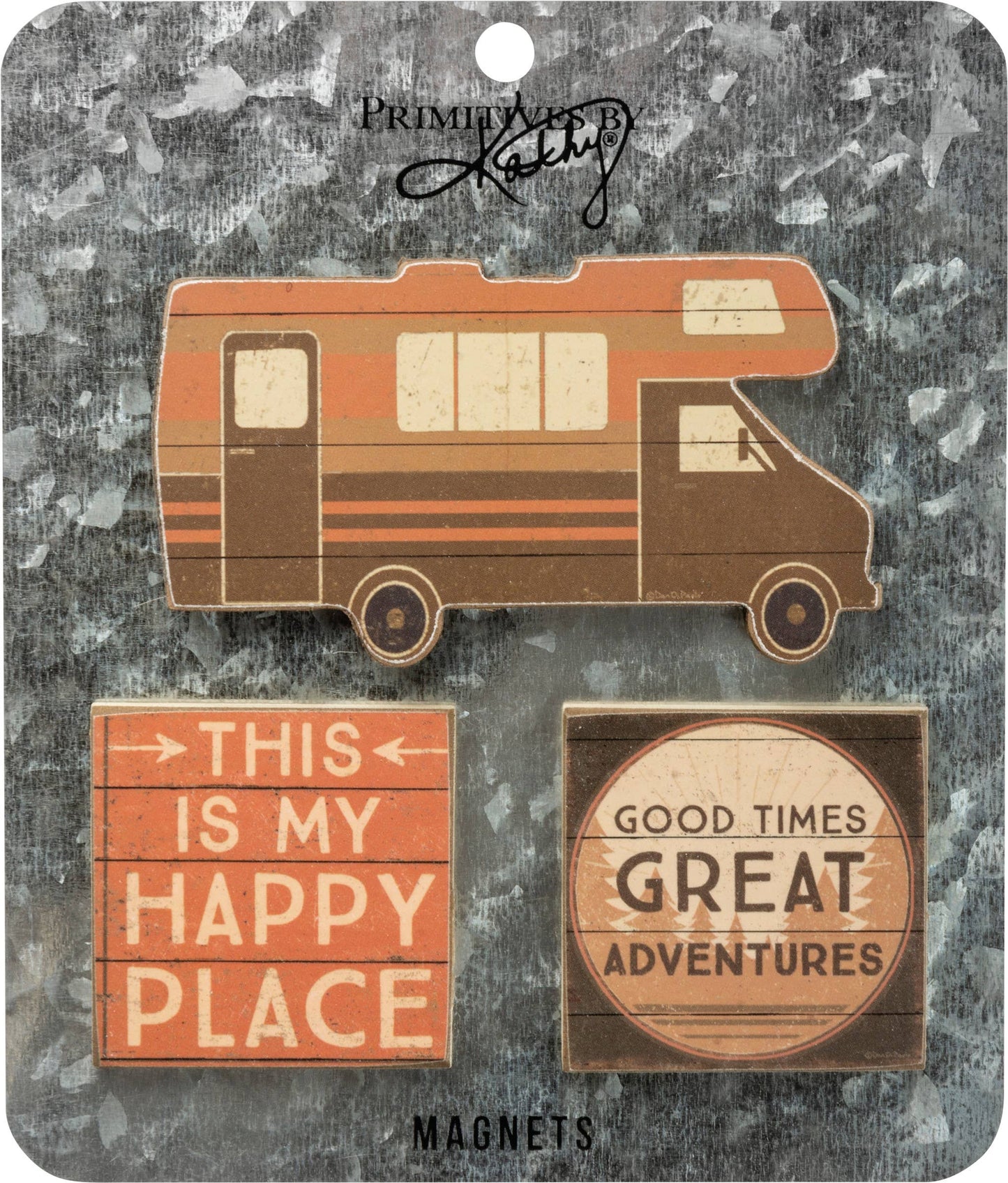Camping magnet set with RV and adventure sentiment designs on a galvanized display card