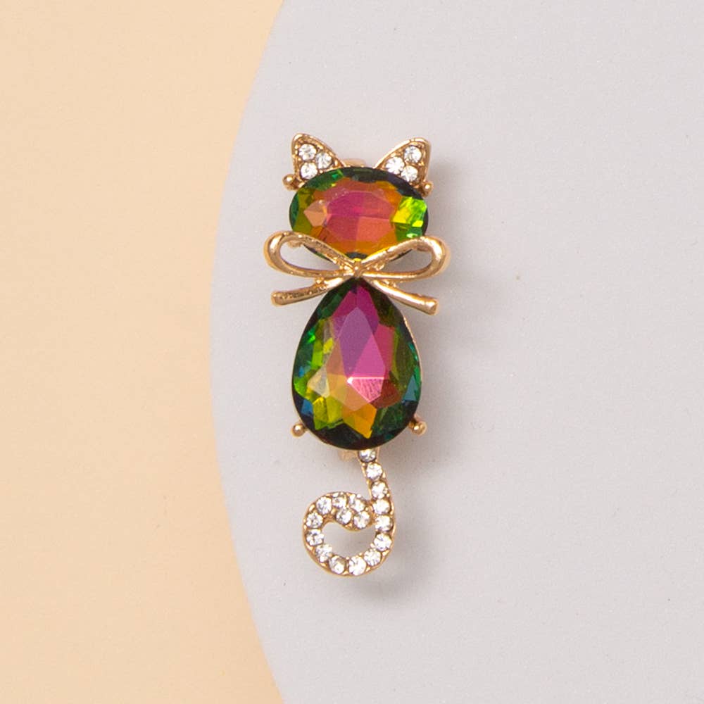 Cat Brooch Pin with Faceted Crystals and Bow Detail