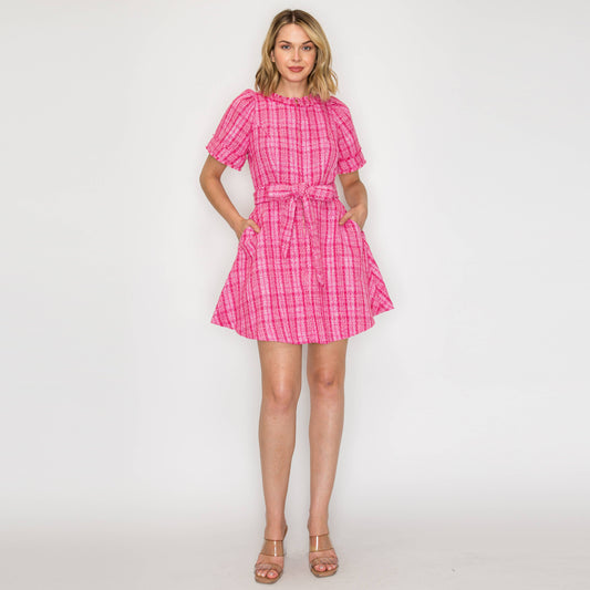 Pretty Pink Checker Boucle Mini Dress