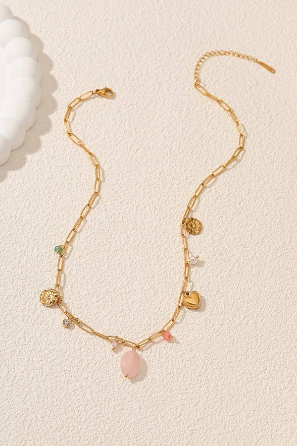 Titanium Steel Heart Stone Pearl Disc Charm Necklace - Non-Tarnish