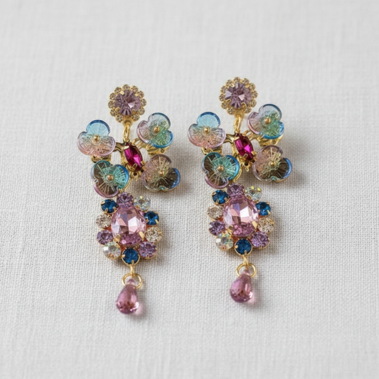 Asymmetric Crystal Floral Drop Earrings
