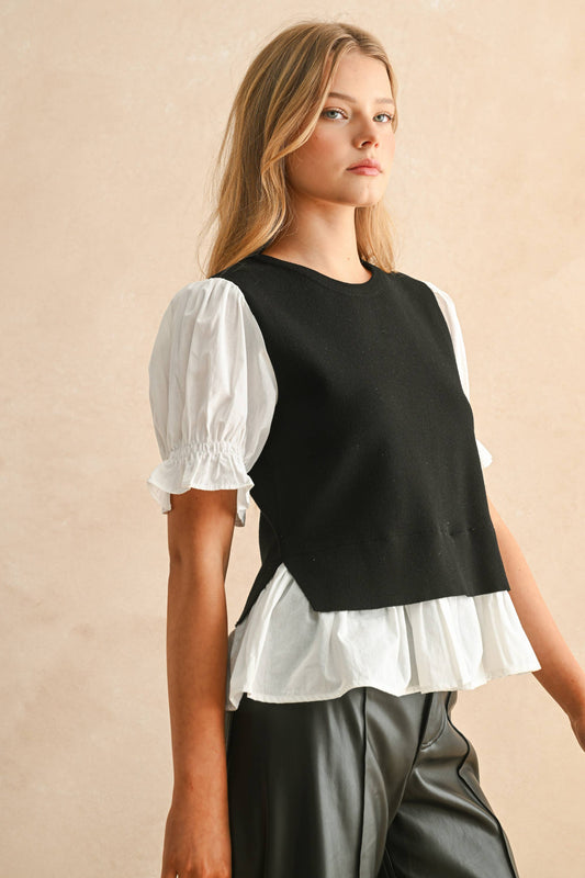 T3506   SWEATER COMBO SHORT SLEEVE BLOUSE