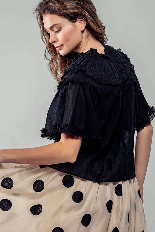Ruffled Sheer Mock Neck Short Sleeve Blouse