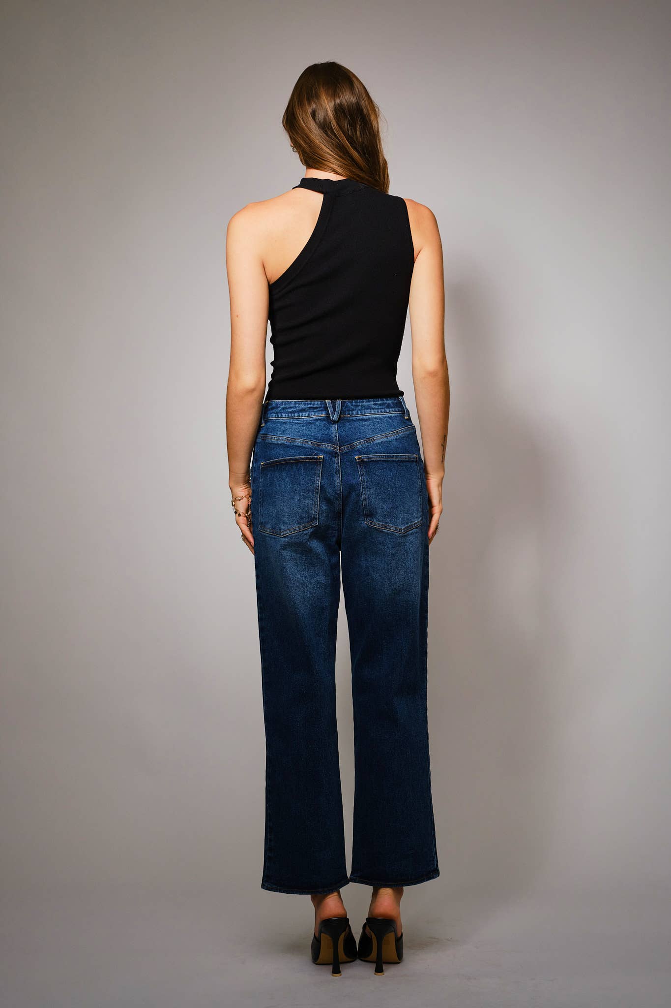 Metal Studded High Rise Straight Leg Jeans