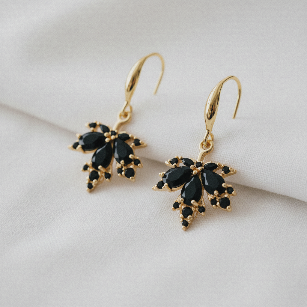 Vintage Black Zircon Maple Leaf Drop Earrings