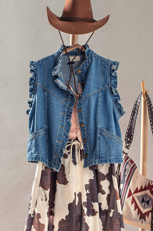 Victorian Ruffle Trim Denim Vest with High Collar