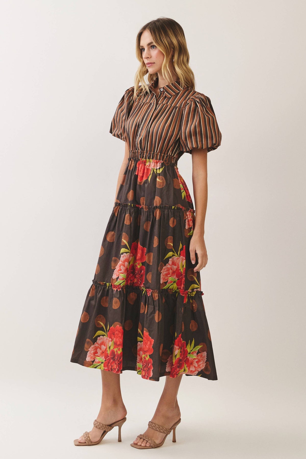 Mixed Print Puff Sleeve Tiered Midi Dress