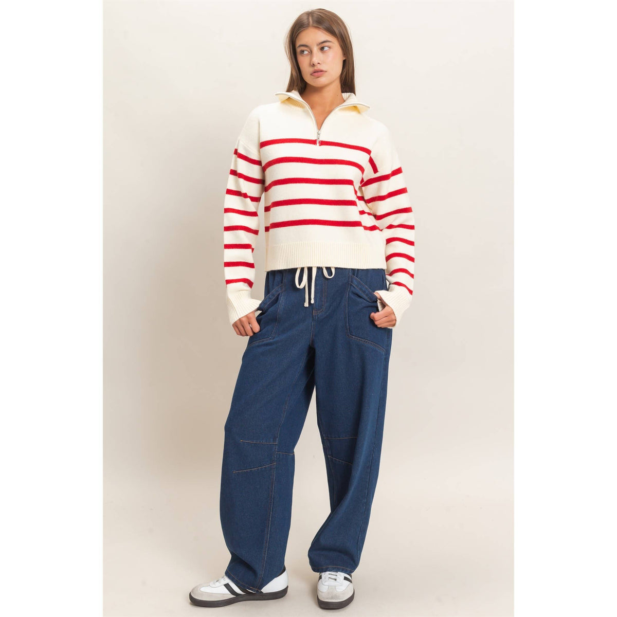 Half-Zip Collared Stripe Sweater