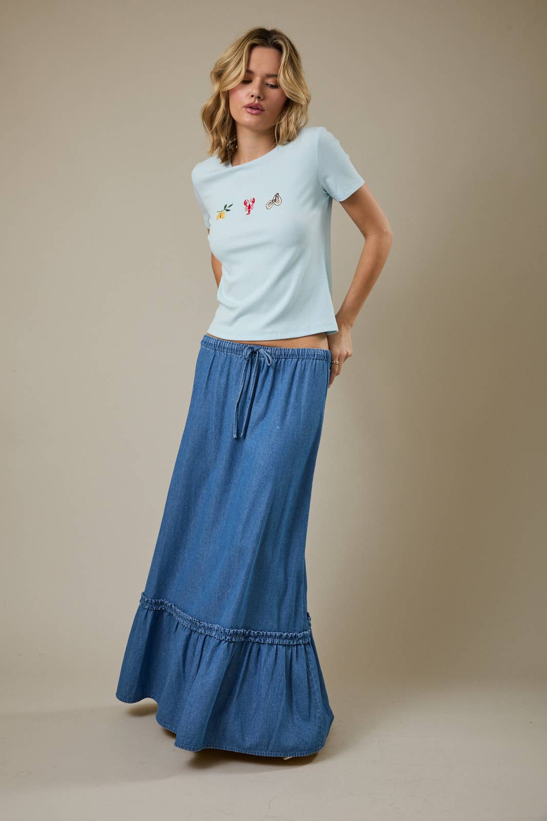 Tiered Denim Maxi Skirt with Drawstring Waist