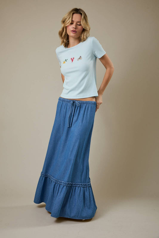 Tiered Denim Maxi Skirt with Drawstring Waist