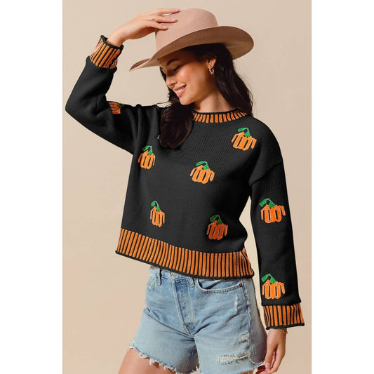Pumpkin Embroidery Stripe Rib Hem Halloween Top