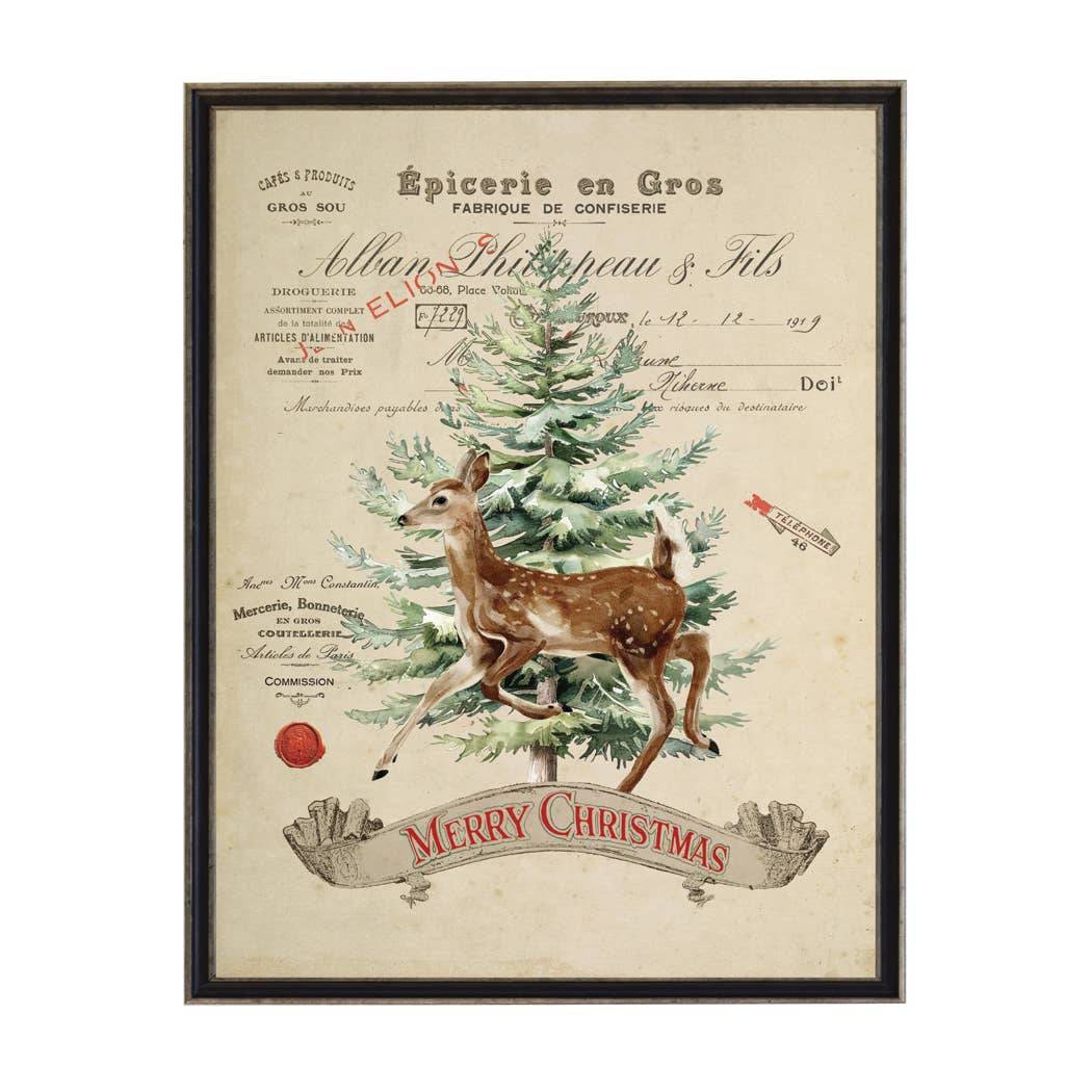 Vintage painting of deer and tree on a distressed bookplate