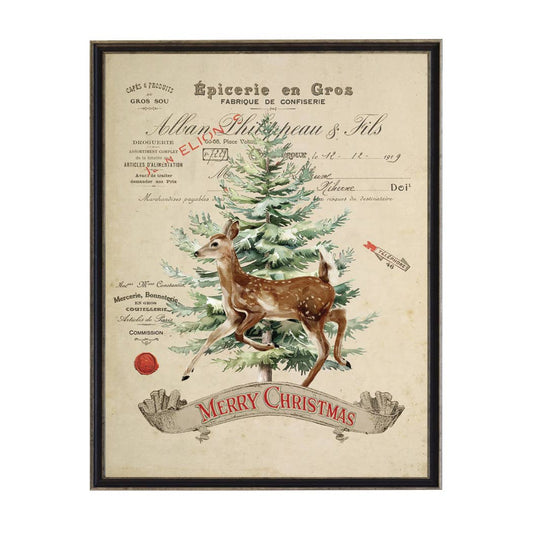Vintage painting of deer and tree on a distressed bookplate