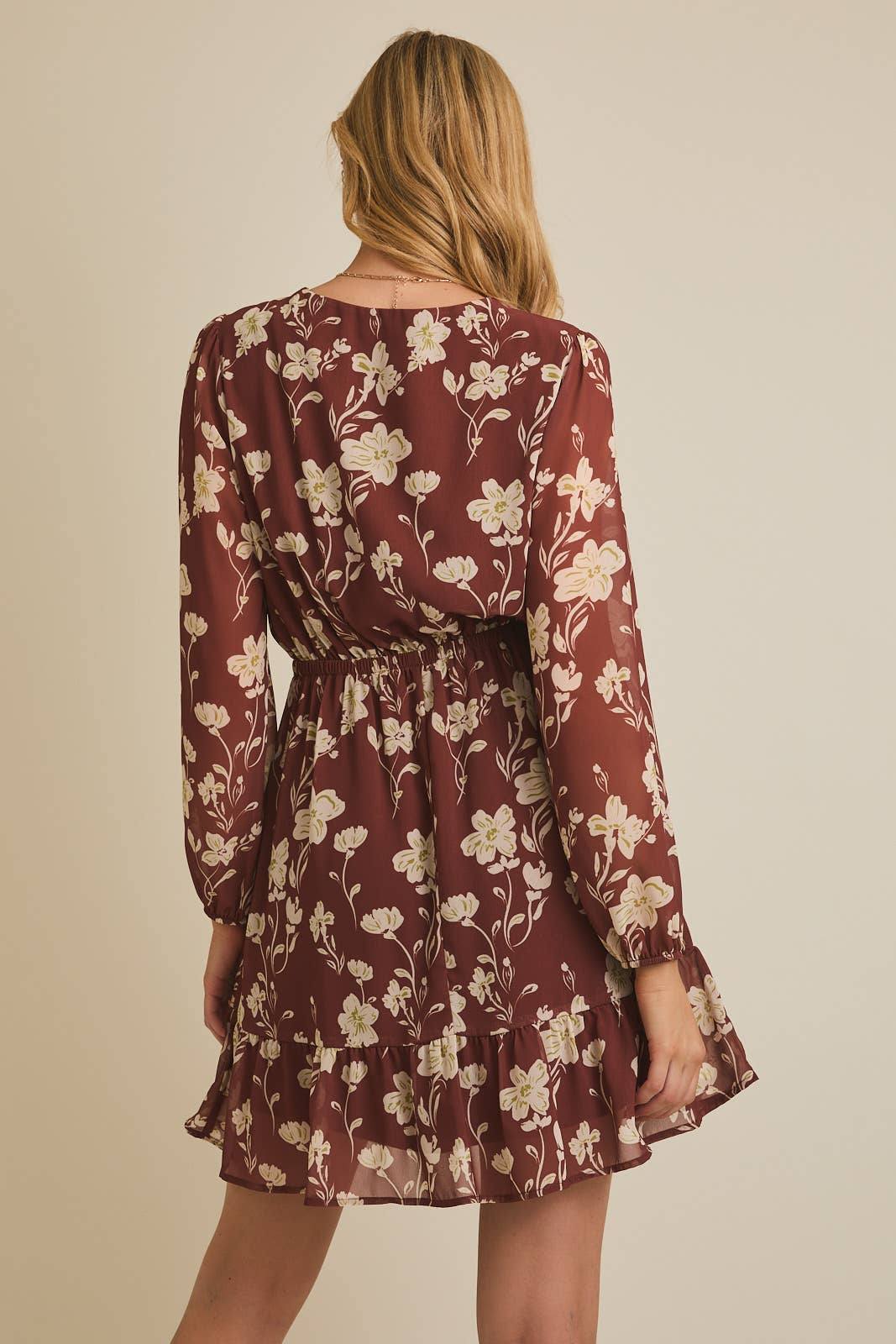 ROUND NECK FRONT TIE LONG SLEEVE FLARE HEM FLORAL DRESS