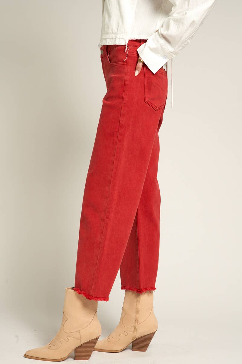 Red Cropped Frayed Hem Jeans