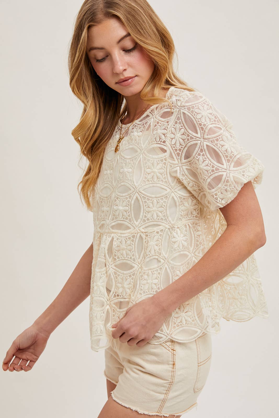 LAST CHANCE - Balloon Sleeve Crochet Babydoll Top