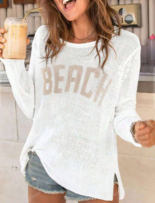 "BEACH" Round Neck Cutout Knitted Top