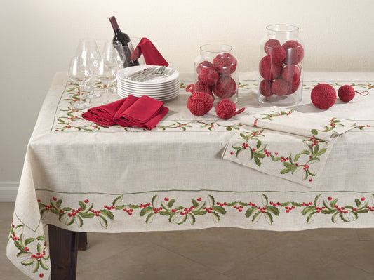 Embroidered Holly Design Napkin