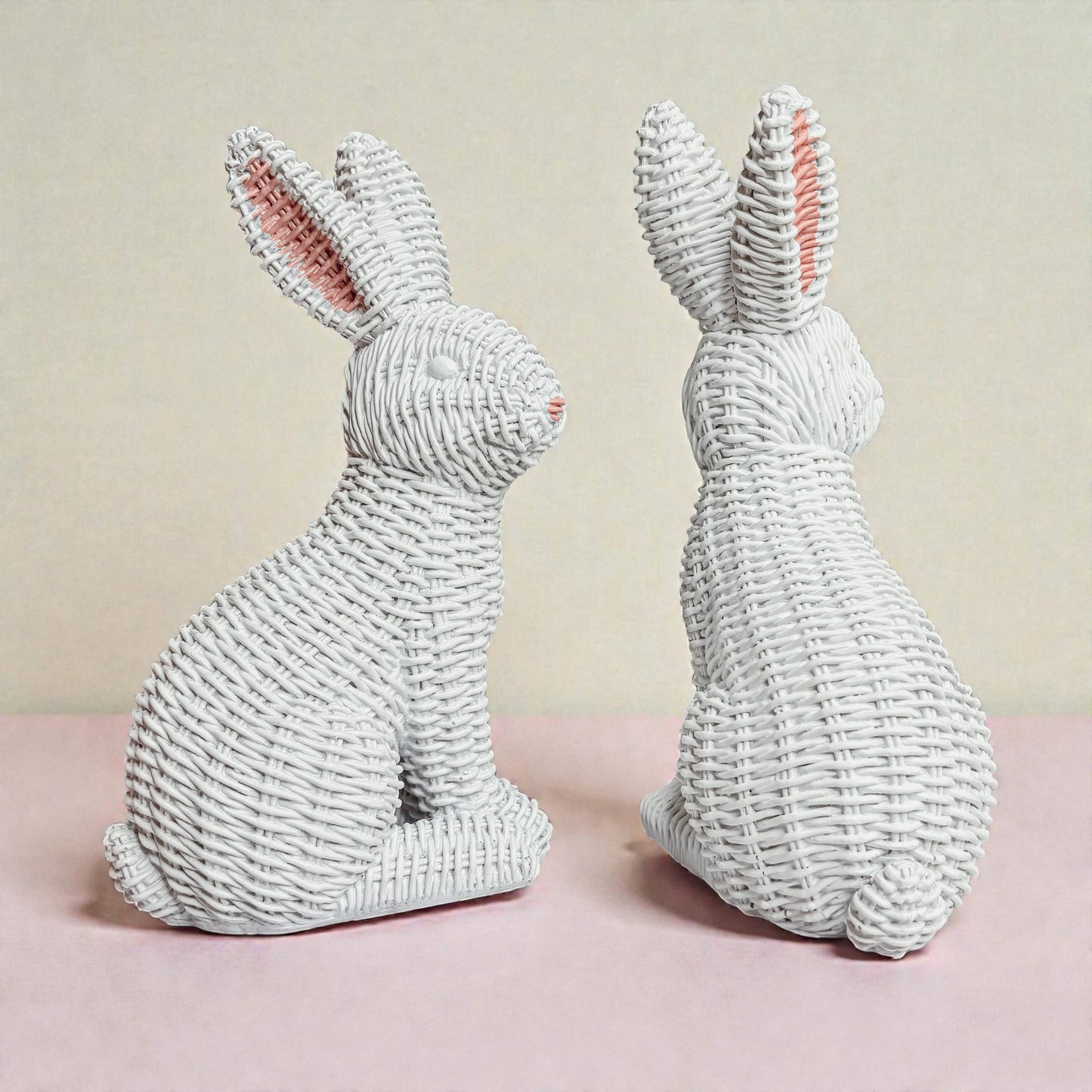Easter Farmhouse Home Decor, Resin Bunny Figurine Rattan