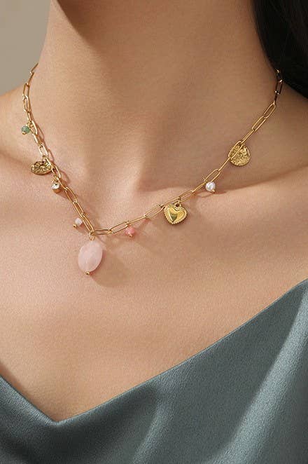 Titanium Steel Heart Stone Pearl Disc Charm Necklace - Non-Tarnish