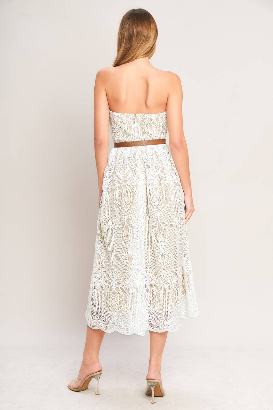Strapless Lace Midi Dress with Belt - White