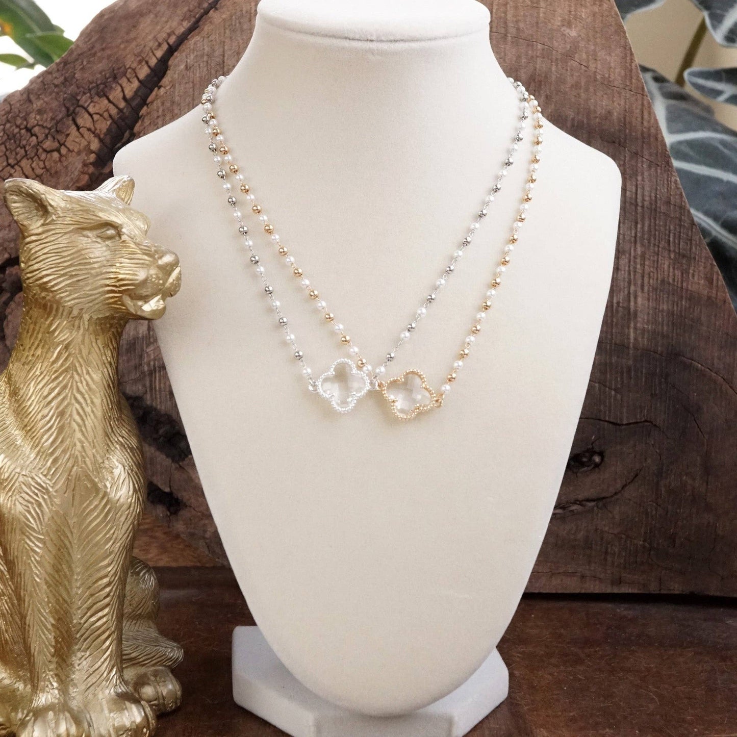 Lucky Light Clover Pendant Necklace with Pearls - Gold or Silver